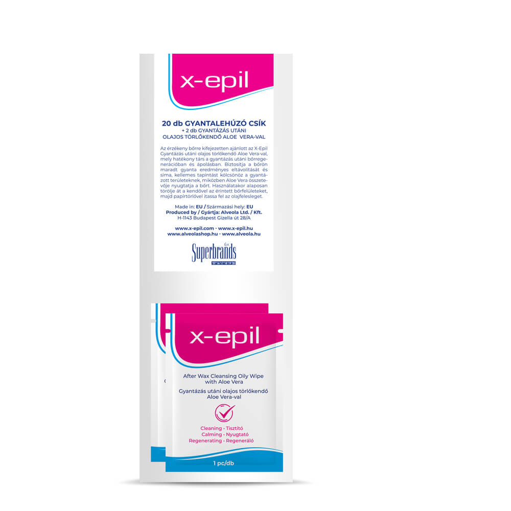 X-Epil - lehúzó textilcsíkok (20 db), olajos törlőkendővel (2 db) Intim higiénia, intim ápolás kép